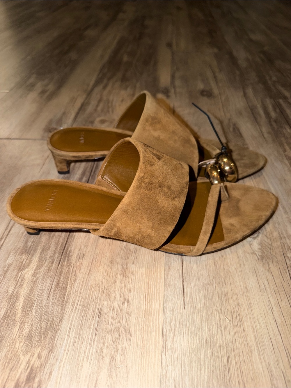 Vince Tan Suede Slide Mules with Gold Accent